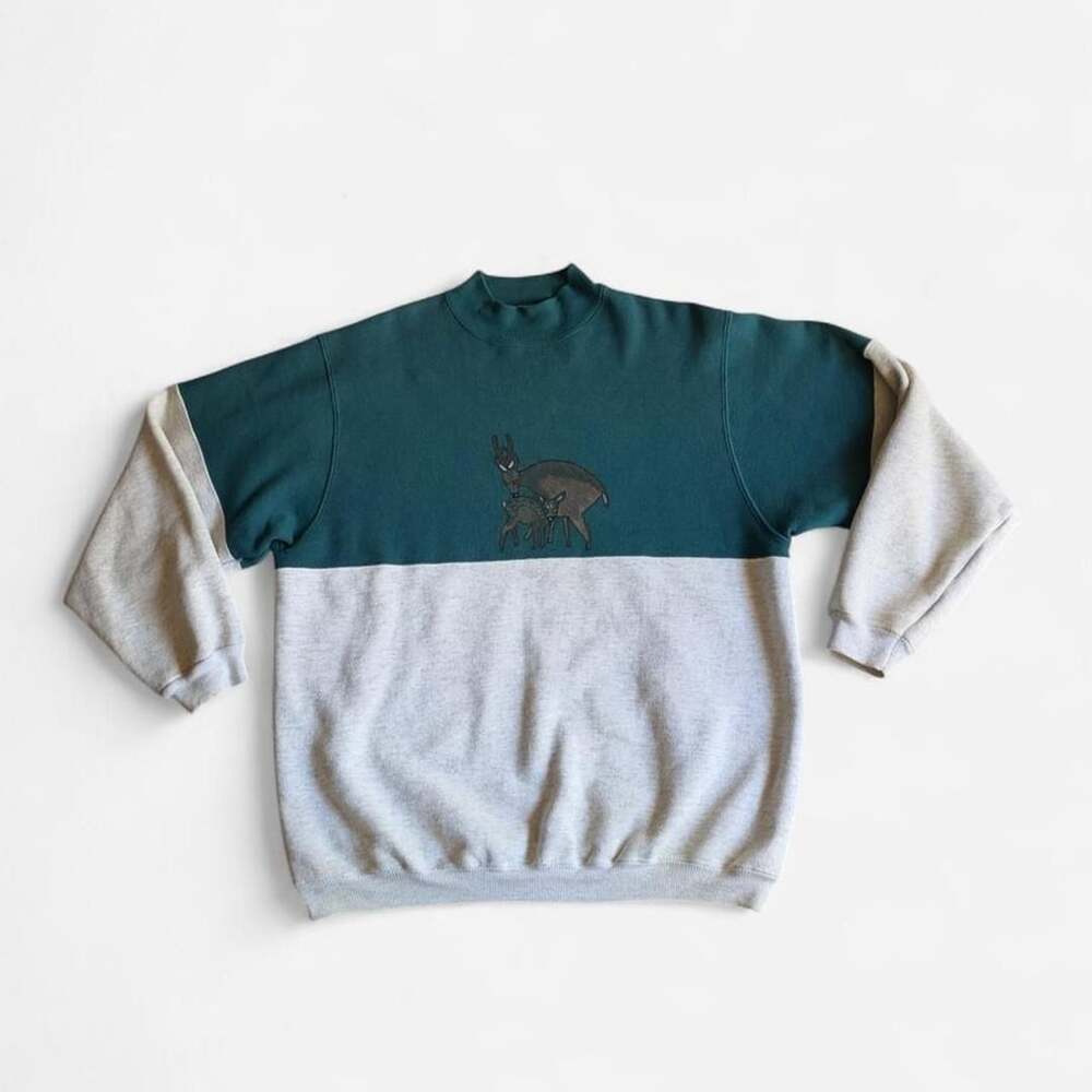 Vintage Colorblock Crewneck Sweater Men’s XL Two Tone Hand Made 90s White Green